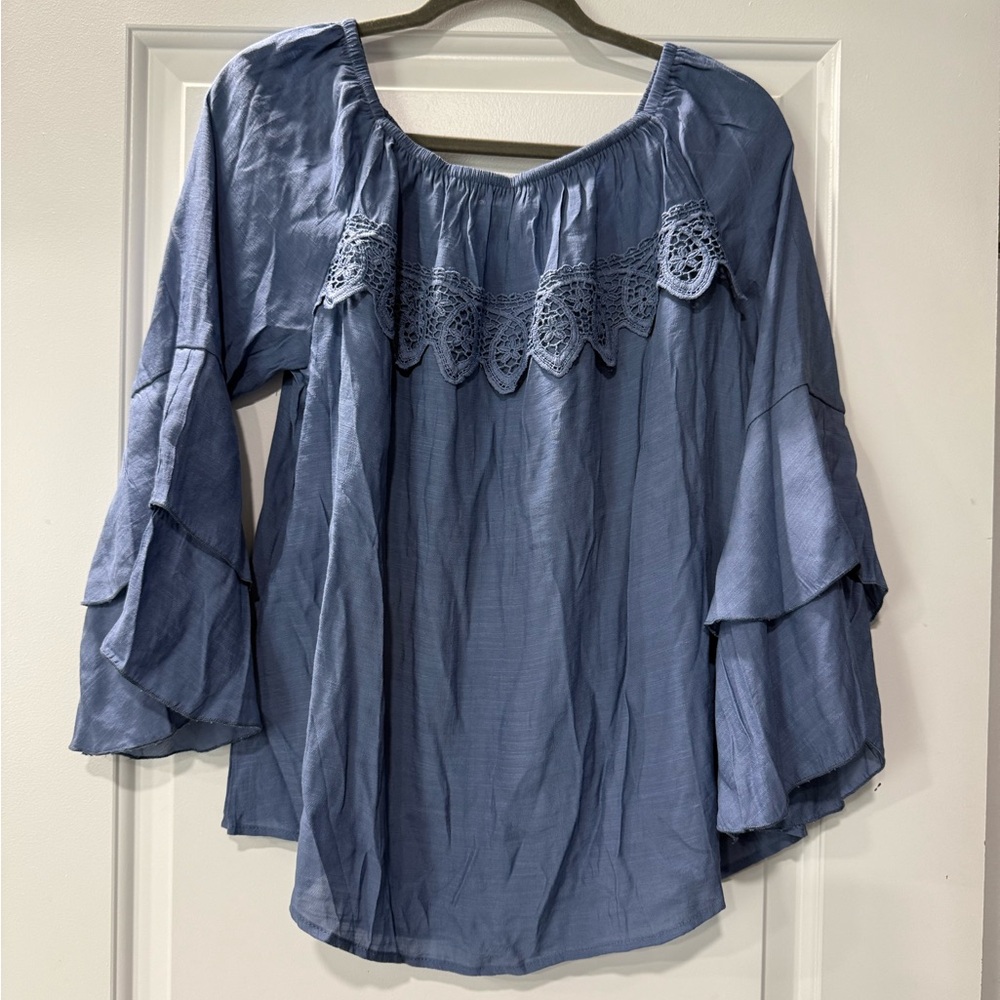 Unique Spectrum Blue Blouse with Lace Accent